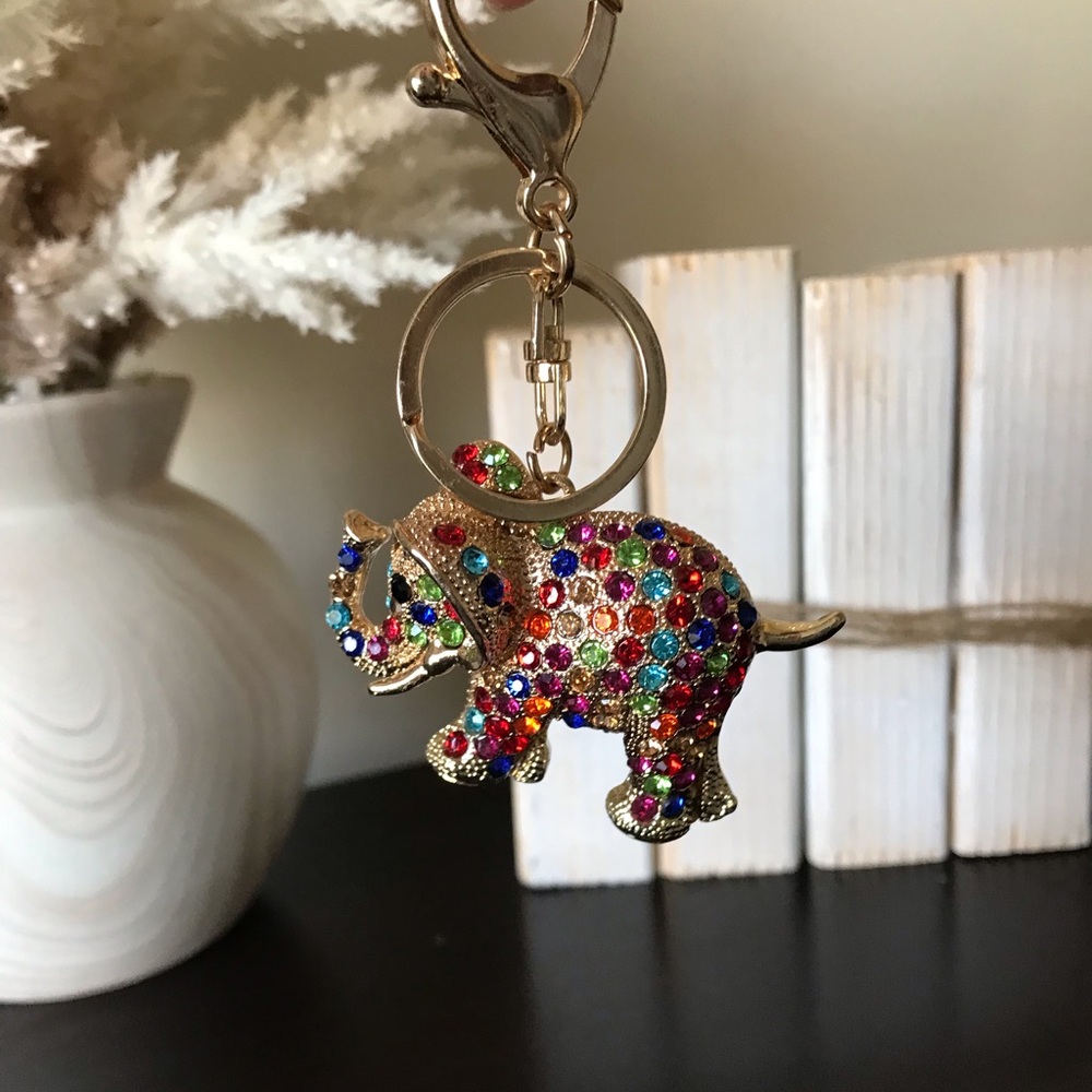 Good Luck Elephant Bag Charm Key Chain, Gold Tone, Multicolor Jewels